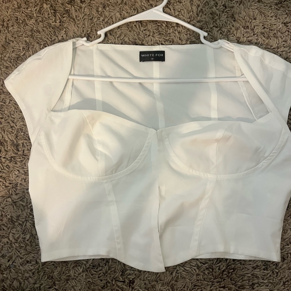 Women's White Fox Corset Crop Top front clasps, size M